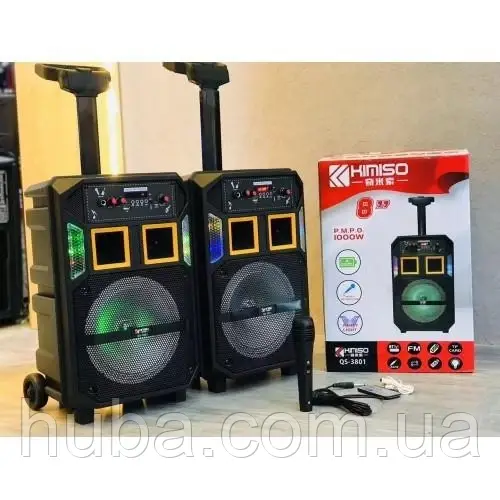 Портативна акустика Kimiso QS-3801 з дротовим мікрофоном (Bluetooth TF карт/USB/Аудіовхід/FM радіо).