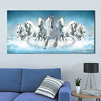 Картина KIL Art для интерьера в гостиную спальню Животные - Стая белых лошадей 160x80 см (K0034_XL)