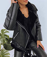 Женское стильная дубленка косуха авиатор черного цвета в размерах: s, m, l