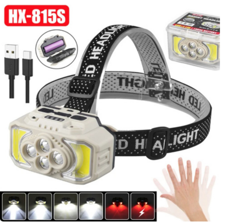 Ліхтар налобний HX-815S-4XPE+2COB (white+red), Motion Sensor, Waterproof, 1x18650, ЗП Type-C,