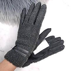 Рукавиці жіночі зимові тедді утеплені сірі теплі рукавички для дівчини з хутром