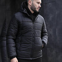 Куртка мужская зимняя теплая с капюшоном стеганая на флисе утепленная черная premium силикон