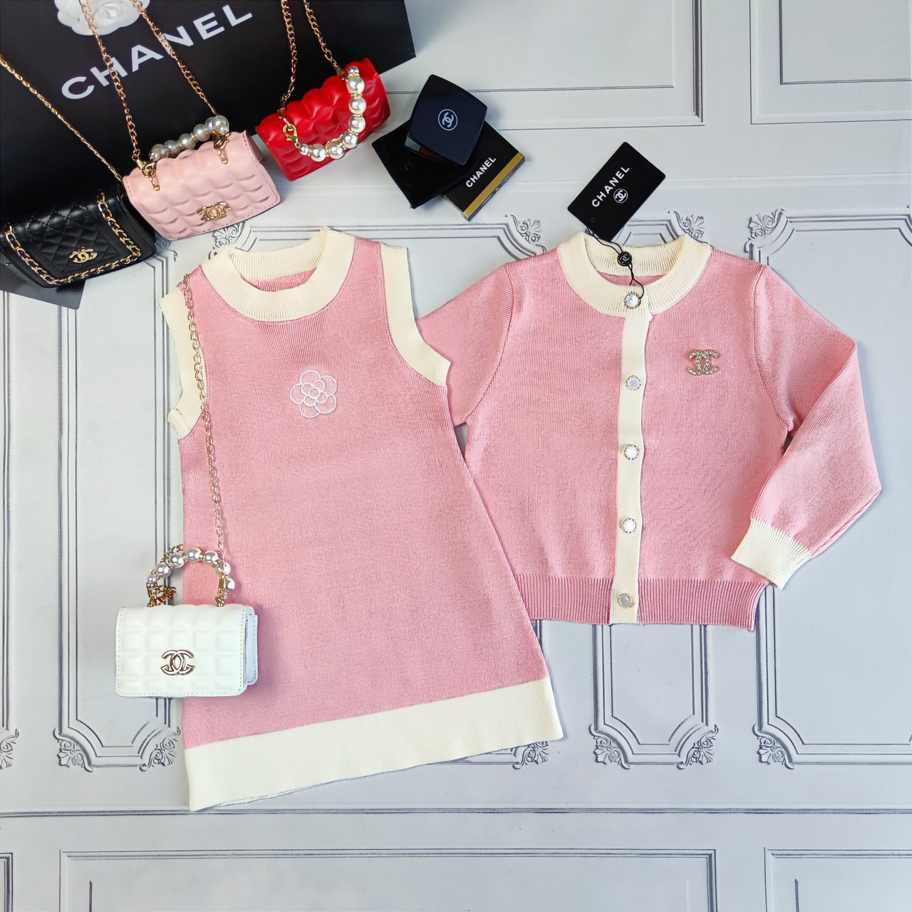 Рожева сукня з кардиганом Шанель, в'язаний костюм для дівчинки, фото 1
