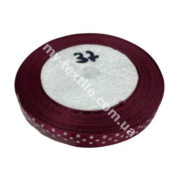Стрічка атласна принт ширина 1 см Бобіна 23 м Марсала з білим горохом №37, фото 1