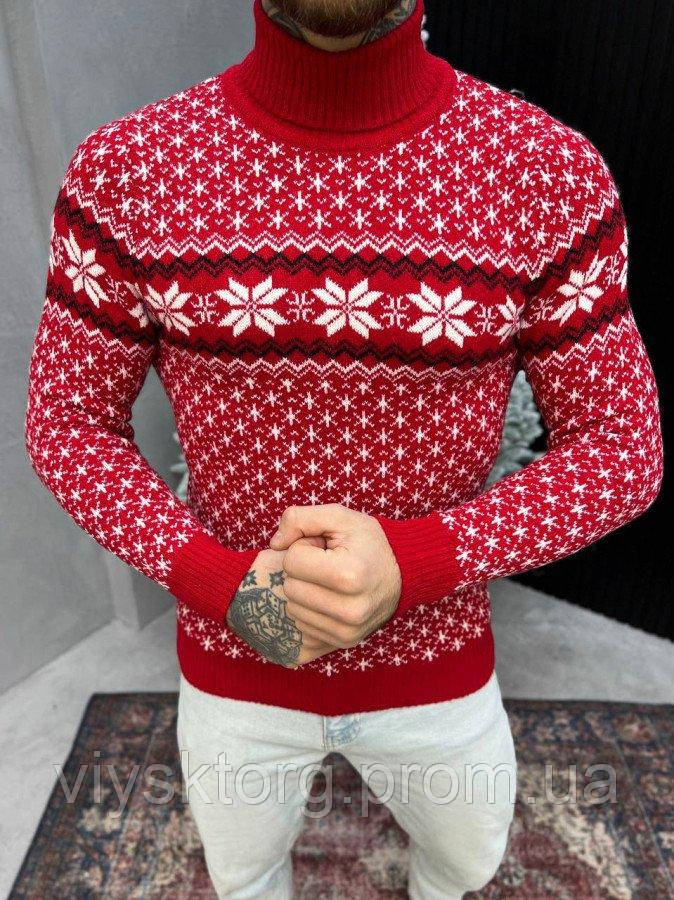 Новорічний чоловічий светр зі сніжинками, чоловічий червоний в'язаний светр зі сніжинками
