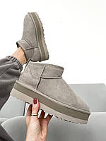 Угги женские UGG Classic Ultra Mini Platform Grey серый мини короткие замшевые на платформе