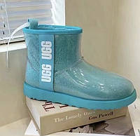 Угги женские Ugg Classic Mini Clear Blue голубые лаковые теплые короткие стильные премиум 37