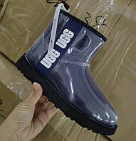 Угги женские Ugg Classic Mini Clear Dark Blue синие лаковые теплые короткие стильные премиум