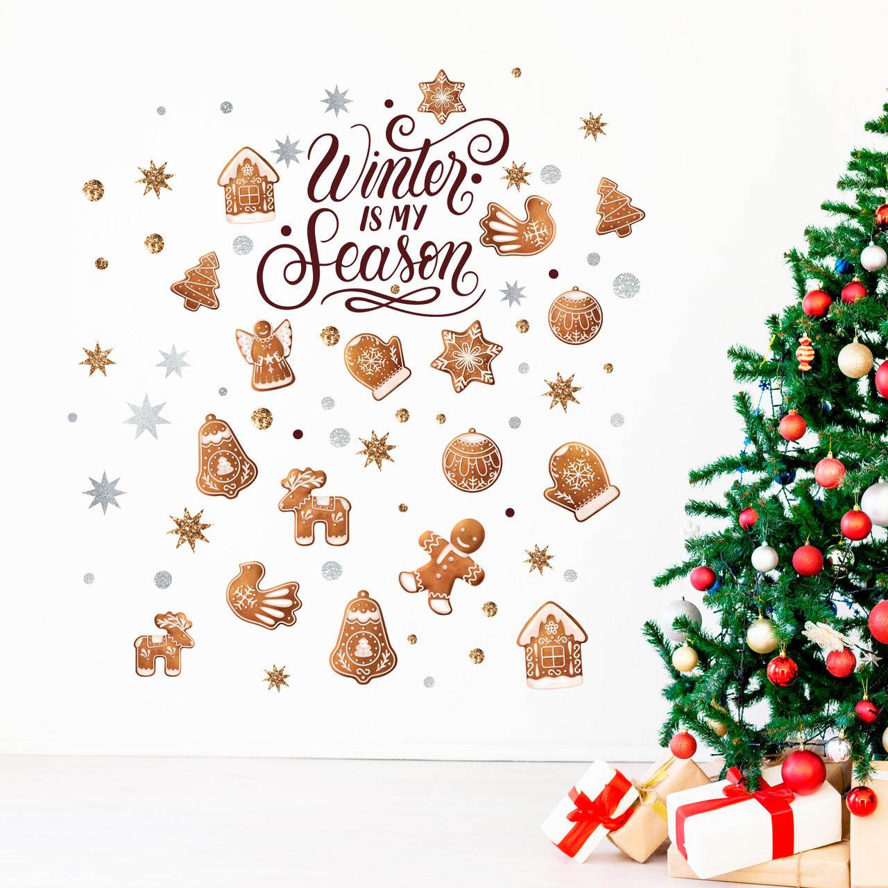 Новорічні наклейки на стіни Різдвяні пряники (чоловічки будиночки рукавички) Набір М 1100х500мм матова, фото 1