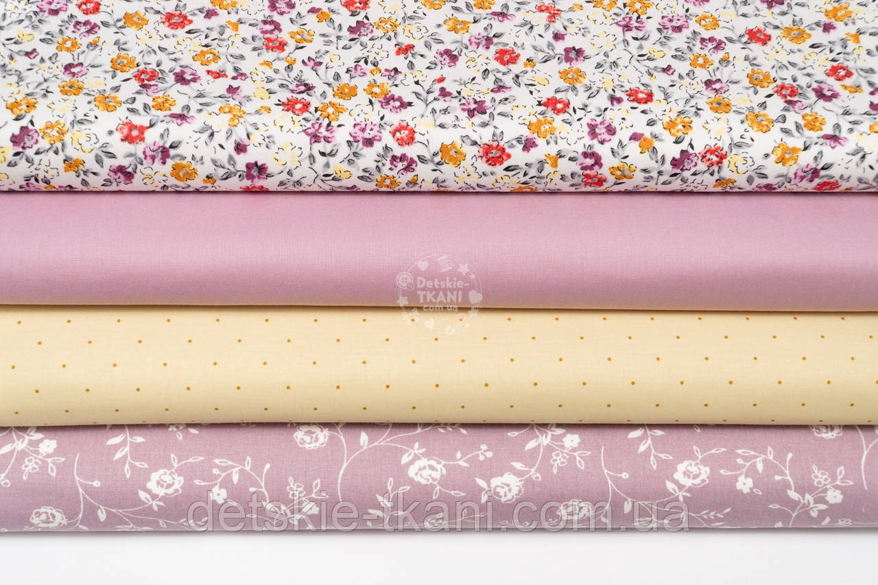 Набір тканин 40*40 см з 4 штук "Квітуча галявина з бузковими квіточками", фото 1
