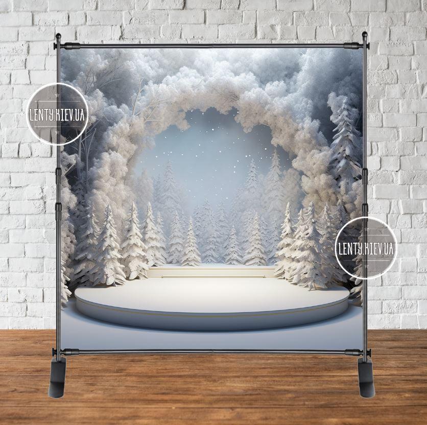 Інтер'єрний новорічний банер / фотофон "Подіум, сніжний ліс" 2х2м (фотозона) (без каркаса)