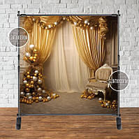 Інтер'єрний новорічний банер / фотофон "Золота кімната, крісло, ялинка" 2х2м (фотозона) (без каркаса)