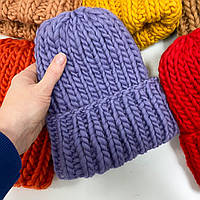 Об'ємна зимова в'язана жіноча шапка біні з закотом — 100% вовна мериноса - колір Фіолетово-сірий