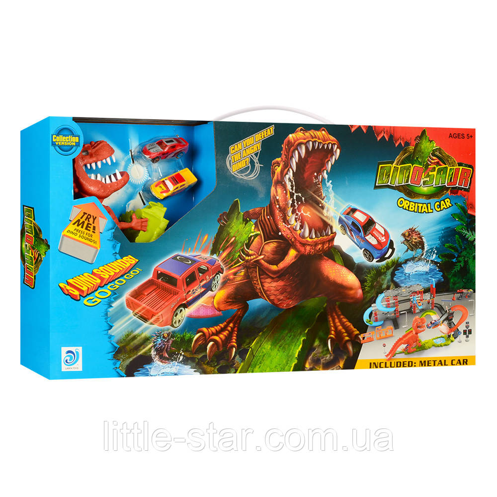 Великий трек Дінозавр Рекс у місті, 2 машинки, пусковий пристрій, дорожні знаки, автозаправка