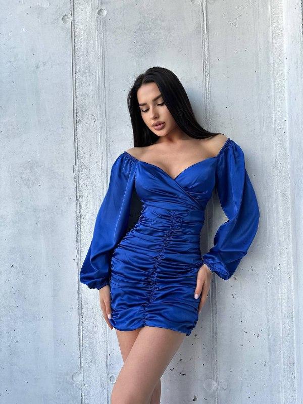 Шовкова жіноча міні сукня з пишними рукавами та драпіруванням Sms8847