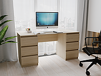 Компьютерный стол с двумя тумбами, широкий письменный стол с ящиками, с фасадами без ручек. Дуб сонома