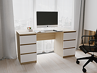 Компьютерный стол с двумя тумбами, широкий письменный стол с ящиками, с фасадами без ручек. Дуб сонома + Белый