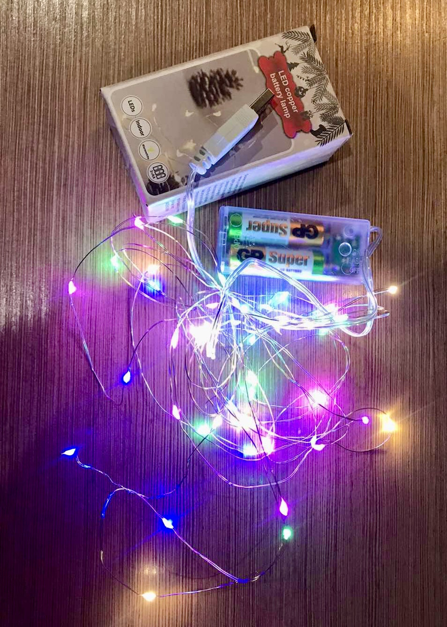 Новорічна гірлянда кольорова 50 ламп 5 м. USB + батарейки Крапля роси