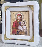 Ікона Богородична Вгамування Моєї Печалі в білому фігурному кіоті під склом, розмір кіота 18*16, сюжет 10×12, фото 2