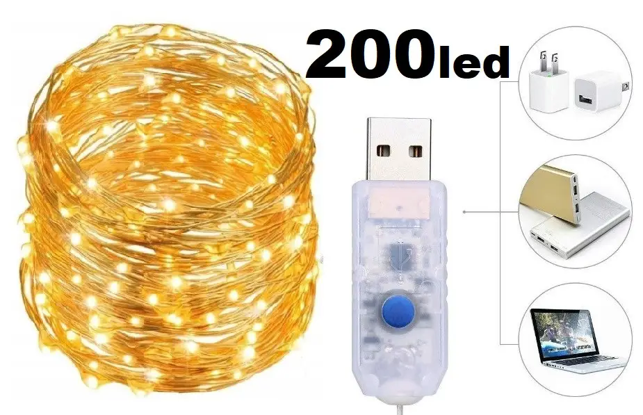 Гірлянда 100 led нитка довжина 10м c USB для 5v, powerbank Warm White, фото 1