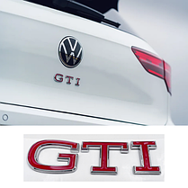 Емблема шильдік стікер NEW GTI VW (Фольцваген) - Червона Хром ободок 10.5x2.7 cm, фото 3