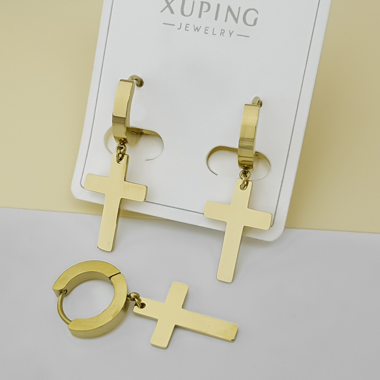 Сережки підвіски "Глянцеві Хрести" без каміння, медсталь Xuping stainless steel, 12К