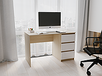 Компьютерный стол с тумбой, письменный стол с ящиками, с фасадами без ручек. Дуб сонома + Белый