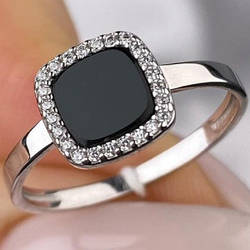 Срібне кільце родоване з чорним каменем і фіанітами РН-476
