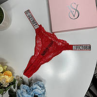Стринги женские кружевные Victoria's Secret красные, Трусики-стринги кружевные со стразами XL