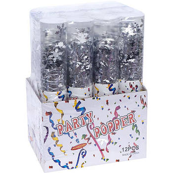 Хлоповка Конфетті у вигляді сріблястих Сніжинок з пневматичним поворотом 30 см 6106-39 в упаковці 12 шт