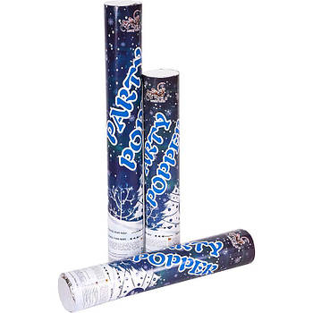 Хлоповка Конфетті у вигляді срібних сніжинок 3 см з фольги з поворотом 30 см