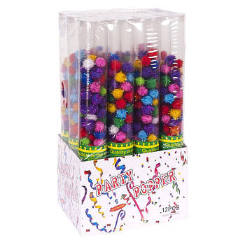 Хлоповка у вигляді кольорових помпонів із конфетті з поворотним механізмом 40 см 6106-21 в упаковці 12 шт
