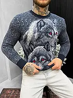 Мужской новогодний вязаный свитер с волками синий , теплый свитер с волками вязаный синий зимний