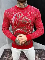 Чоловічий новорічний в'язаний светр із вовками червоний, теплий светр із вовками в'язаний червоний зимовий