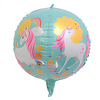 Фольгированный шарик КНР (55 см) Сфера 4D Единорог на бирюзовом