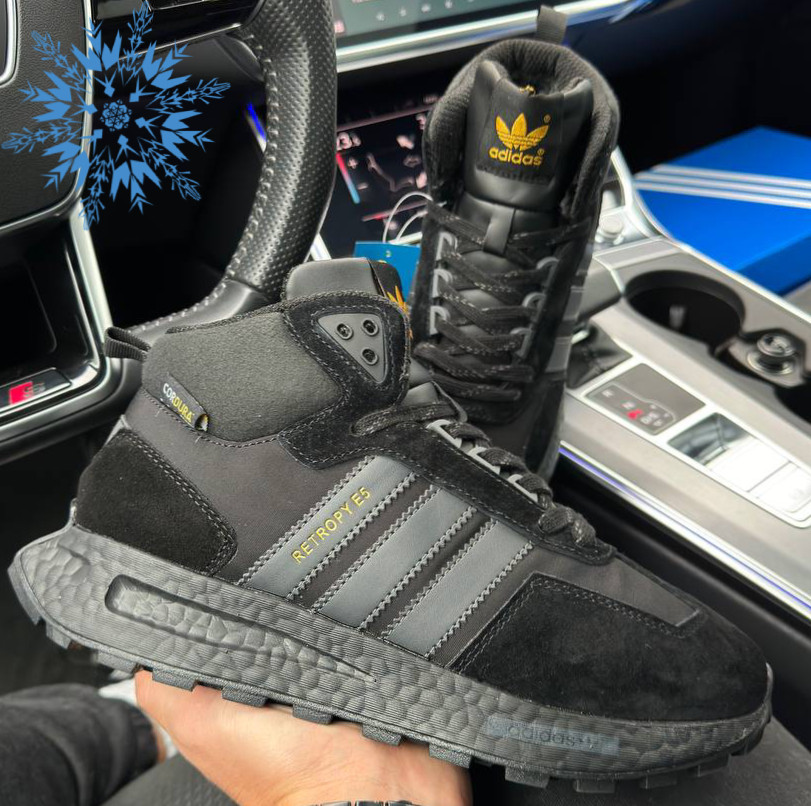Зимові чоловічі кросівки Adidas Originals Retropy E5 з хутром теплі осінь-зима чорні. Живе фото. Високі чоловічі черевики