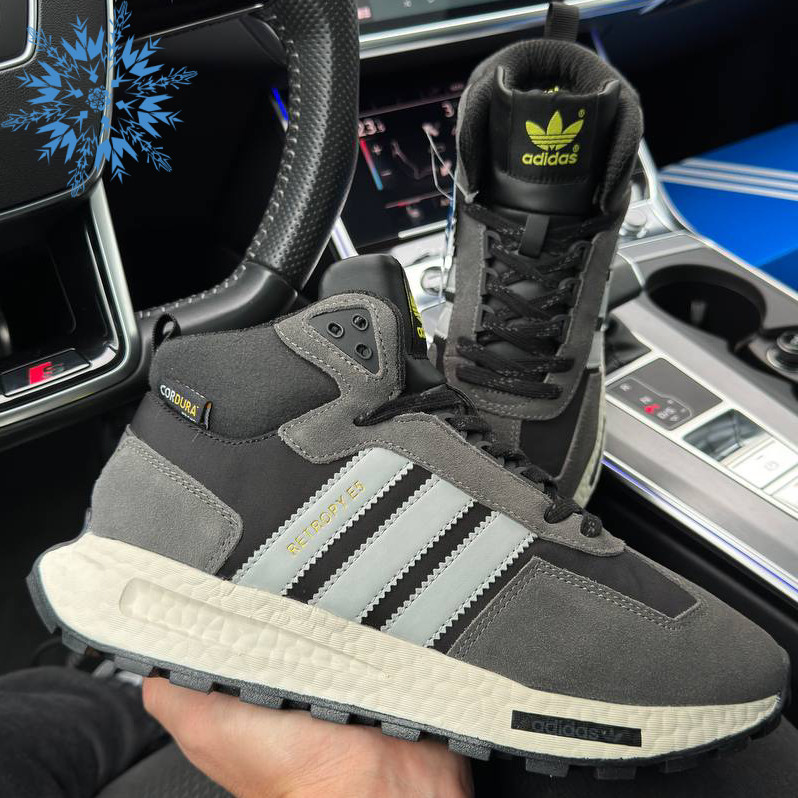 Зимові чоловічі кросівки Adidas Originals Retropy E5 з хутром теплі осінь-зима сірі. Живе фото. Високі чоловічі черевики
