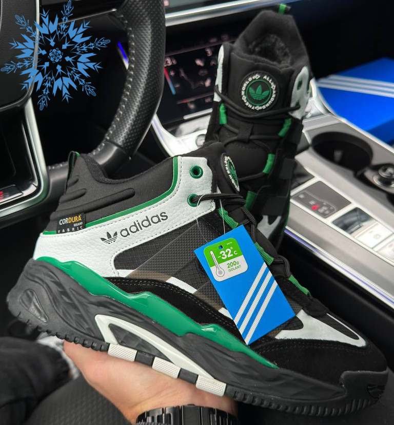 Зимові чоловічі кросівки Adidas Niteball Black Green осінь-зима теплі на хутрі високі (чорні із зеленим). Живе фото