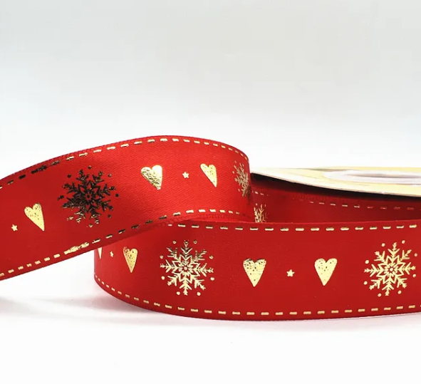 Стрічка для подарунку новорічна, червона "Сніжинки", фото 1