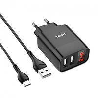 Зарядний пристрій HOCO Type-C Cable Illustrious dual port charger with digital display (2*USB, 2.4А, 1м;) C86A black