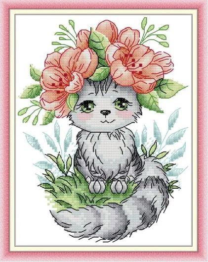 Набір для вишивання за нанесеною на канву схемою "Cat wearing flowers". AIDA 14CT printed, 18*22 см