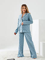 Женская классическая теплая пижама фланель в синем цвете