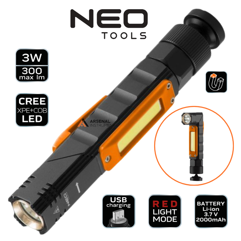 Акумуляторний USB-ліхтарик білий + червоний 300 лм 2 в 1 CREE XPE + COB LED 99-034 NEO