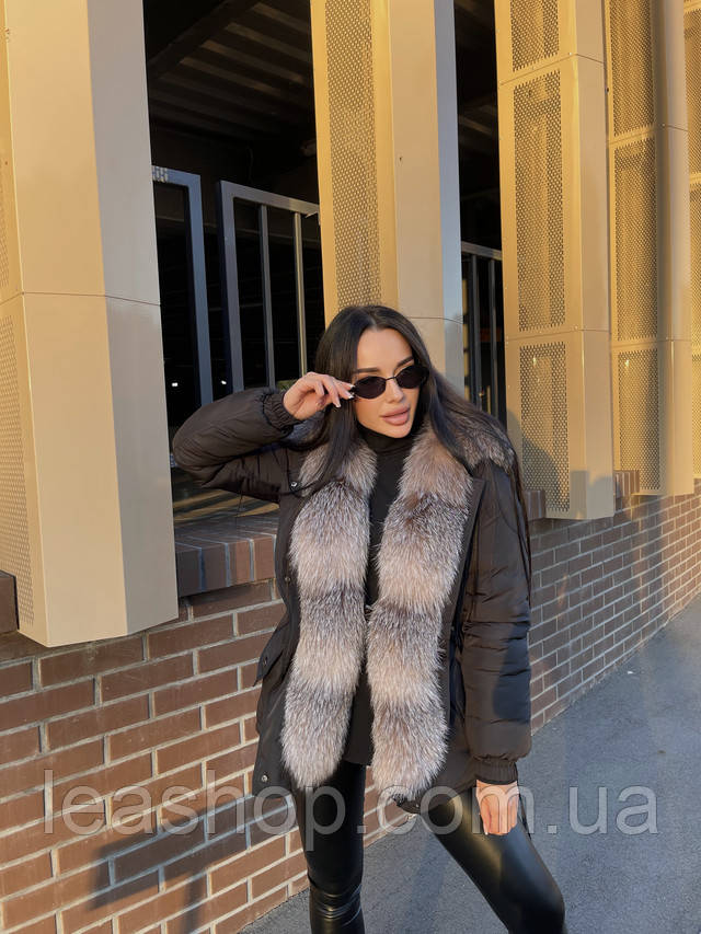 Женская зимняя меховая парка черного цвета ФОТО Женская черная парка с песцом фото