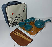 Чайний керамічний сервіз ручної роботи у дорожньому кейсі, бірюзовий, фото 6