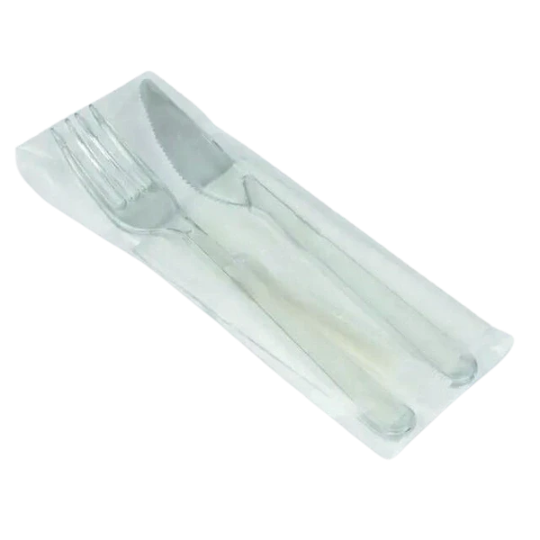 Набір одноразових приладів у індивідуальному пакуванні (вилка + ніж + паперова серветка), прозорі, 16 см, фото 1