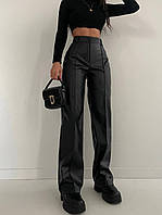 Женские черные брюки с эко кожи на флисе