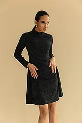 Чорна трикотажна сукня коротка жіноча з довгим рукавом ошатна з люрексом з коміром стійка