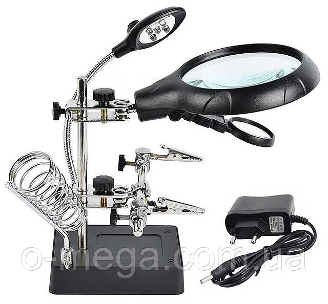 Тримач третя рука MG16129-C лупа 90мм, 2 лінзи, 2 затискачі, LED підсвічування, тримач паяльника, блок живлення, фото 1