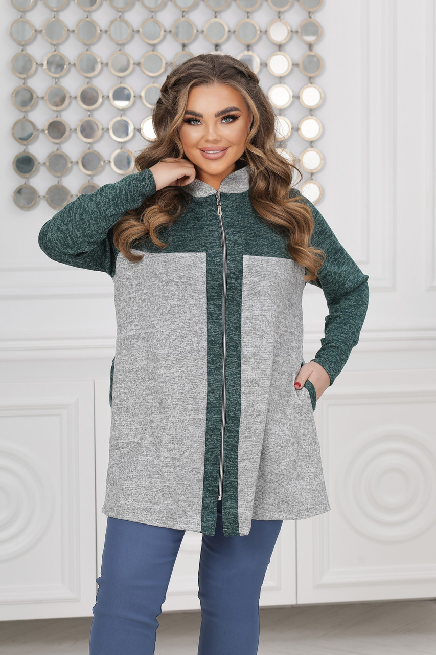 Стильна туніка - кардиган з ангори на блискавкі Аніка світло-сіра з зеленим (52-74), фото 1